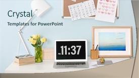  Presentation with workplace - PPT theme enhanced with bouquet lamp - workplace with laptop on table background and a sky blue colored foreground