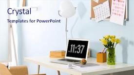  Presentation with ict modern laptop - Presentation design enhanced with bouquet lamp - workplace with laptop on table background and a sky blue colored foreground