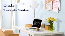  Presentation with workplace - Presentation theme featuring bouquet lamp - workplace with laptop on table background and a sky blue colored foreground