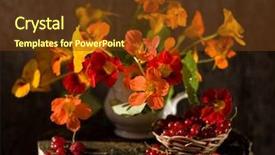  Presentation with berries - PPT theme enhanced with flower still life painting art - bouquet nasturtium and berries background and a tawny brown colored foreground