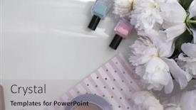  Presentation with peony - PPT layouts featuring bouquet of beautiful peony flowers cup of coffee and cosmetics on light table background and a light gray colored foreground