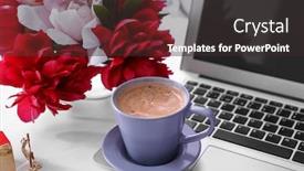  Presentation with peony - PPT theme consisting of bouquet of beautiful peony flowers laptop and cup of coffee on light table background and a dark gray colored foreground