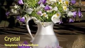  Presentation with angel in white - Colorful PPT theme enhanced with flower still life painting art - bouquet of bluebells and daisies backdrop and a tawny brown colored foreground