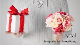  Presentation with tropical flowers close up - Presentation theme with bouquet of flowers and gift background and a light gray colored foreground