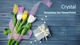  Presentation with an open gift box - Colorful slide set enhanced with bouquet of tulips and gift backdrop and a  colored foreground