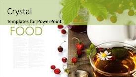  Presentation with bio - Presentation theme consisting of bouquet of wild strawberry with herbal tea and jam - bio food or health concept background and a gold colored foreground