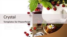  Presentation with bio - Colorful slides enhanced with bouquet of wild strawberry with herbal tea and jam - bio food or health concept backdrop and a lemonade colored foreground