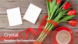  Presentation with photo tulips - PPT theme with bouquet photo frames and coffee background and a red colored foreground