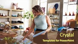  Presentation with clothes shop - Presentation design having boutique - female shop assistant arranging background and a tawny brown colored foreground