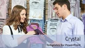  Presentation with clothing wooden clothes hanger object - Amazing PPT theme having boutique consultant - man and assistant at apparel backdrop and a light blue colored foreground