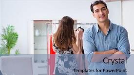  Presentation with helping - Audience pleasing theme consisting of boutique consultant - shop assistant helping woman backdrop and a  colored foreground