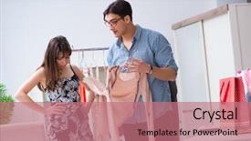  Presentation with helping - Slide deck having boutique consultant - shop assistant helping woman background and a  colored foreground