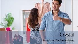  Presentation with boutique - Colorful PPT theme enhanced with boutique consultant - shop assistant helping woman backdrop and a teal colored foreground