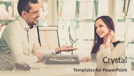  Presentation with guide dog helping blind woman - Presentation design with boutique consultant - woman with assistant help choosing background and a  colored foreground