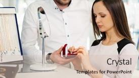  Presentation with guide dog helping blind woman - Slide set having boutique consultant - woman with assistant help choosing background and a lemonade colored foreground