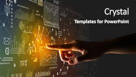  Presentation with hand touching finger digital - Colorful presentation enhanced with female finger touching a beam backdrop and a dark gray colored foreground