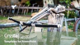  Presentation with traditional mode old vespa scooter - PPT theme featuring bow arrow - old arbalest model as showpiece background and a seafoam green colored foreground