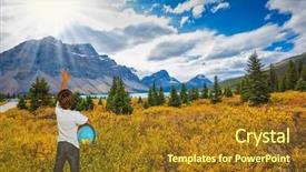  Presentation with banff national park - Slide deck with bow lake - glacial lake in the banff national park in the canadian rockies the seven-year boy with the globe in hands admire nature background and a tawny brown colored foreground