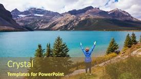  Presentation with banff national park - Slide deck consisting of bow lake in banff national park canada middle-aged woman in blue jacket in awe of the beautiful nature threw up her hands background and a tawny brown colored foreground