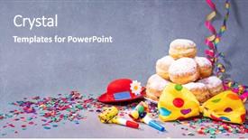  Presentation with colorful birthday or carnival frame - Colorful presentation theme enhanced with bow tie party hat streamers backdrop and a light blue colored foreground