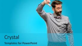  Presentation with man in suit and tie - PPT layouts enhanced with bow tie showing thumbs down background and a  colored foreground