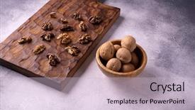  Presentation with dried fruits seeds nuts walnuts - Colorful PPT theme enhanced with bowl and on wooden carved backdrop and a lemonade colored foreground