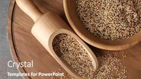  Presentation with quinoa - Theme enhanced with bowl and scoop with raw quinoa grains on wooden board background and a coral colored foreground