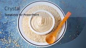  Presentation with sauce - Audience pleasing presentation design consisting of bowl-full-of-tahini-sauce backdrop and a teal colored foreground