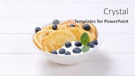  Presentation with organic coconut yogurt in wooden - Colorful presentation enhanced with bowl-of-american-pancakes backdrop and a sky blue colored foreground