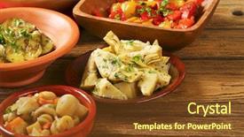  Presentation with border organic vegetables on wood - Audience pleasing theme consisting of bowl of assorted pickled vegetables backdrop and a tawny brown colored foreground