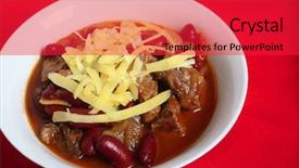  Presentation with tablecloth - Colorful slides enhanced with bowl of beef chili topped with cheese on a red tablecloth with space for some text backdrop and a red colored foreground