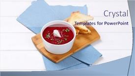  Presentation with beetroot - Cool new presentation with bowl of beetroot cream soup with toasts on wooden cutting board backdrop and a sky blue colored foreground
