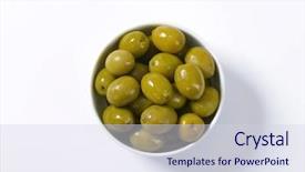  Presentation with olive green - Colorful PPT theme enhanced with bowl of brine cured green backdrop and a sky blue colored foreground