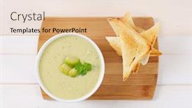  Presentation with brussels - Audience pleasing slides consisting of bowl of brussels sprouts soup with toasts on wooden cutting board backdrop and a coral colored foreground