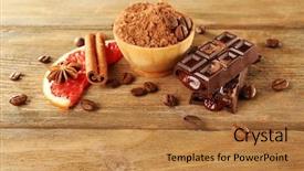  Presentation with cocoa beans - Cool new PPT theme with bowl of cocoa with chocolate coffee beans and slice of grapefruit on rustic wooden background backdrop and a gold colored foreground