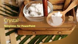  Presentation with coconut oil - Cool new slide deck with bowl of coconut oil with leaves on wooden background backdrop and a tawny brown colored foreground
