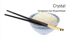  Presentation with chopsticks - Presentation theme having bowl of cooked rice with chopsticks in isolated white background background and a white colored foreground