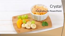  Presentation with corn flakes - PPT theme having fruit on wooden cutting board background and a sky blue colored foreground