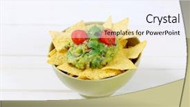  Presentation with dip - Presentation having bowl of corn tortilla chips with guacamole dip on white background background and a sky blue colored foreground