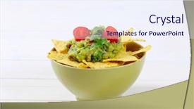 Presentation with dip - Cool new presentation theme with bowl of corn tortilla chips with guacamole dip on white background backdrop and a sky blue colored foreground