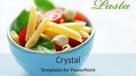  Presentation with italian food - Audience pleasing theme consisting of bowl-of-delicious-pasta-closeup backdrop and a light blue colored foreground