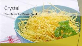  Presentation with noodles - Slide set featuring bowl of dry soup noodles on checkered dishtowel - close up background and a sky blue colored foreground