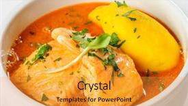  Presentation with salmon fish - Beautiful PPT layouts featuring bowl of fish soup with salmon shrimps and potato at natural white background backdrop and a gold colored foreground