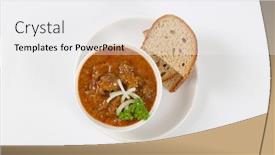  Presentation with beef - PPT layouts with bowl of fresh beef goulash with slices of bread background and a white colored foreground