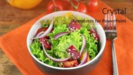  Presentation with table napkin - Amazing PPT layouts having bowl of fresh green salad on table with napkin closeup backdrop and a red colored foreground