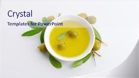  Presentation with olive oil - Presentation having bowl of fresh olive oil background and a sky blue colored foreground