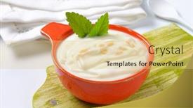  Presentation with yogurt - Presentation theme enhanced with bowl of fresh yogurt with pieces of tropical fruits on white background background and a yellow colored foreground