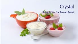  Presentation with yogurt - Beautiful presentation design featuring bowl of fresh yogurt with pieces of tropical fruits on white background backdrop and a sky blue colored foreground
