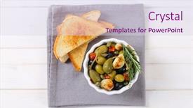  Presentation with technology green and black - Colorful PPT theme enhanced with bowl of green and black olives with garlic and toasts on grey place mat backdrop and a sky blue colored foreground