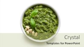  Presentation with basil seeds - Cool new slide set with bowl of green italian homemade sauce pesto made of ground basil garlic pine seeds olives and pecorino sardo cheese top view isolated on white background backdrop and a yellow colored foreground